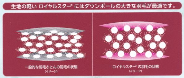 ロイヤルスター生地の特性を最大限に活かすために、限定した地域限定、季節限定で採取された羽毛、ウインターグース羽毛布団